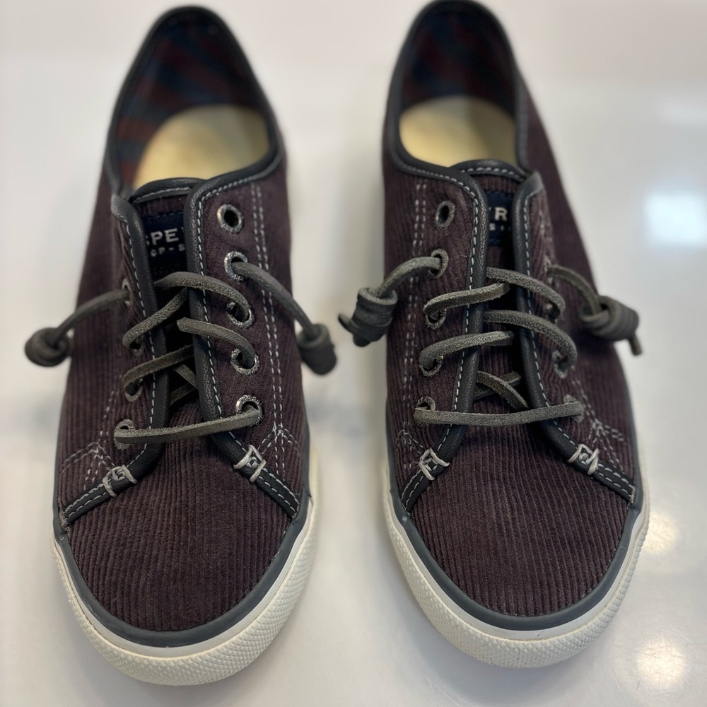 Sperry Corduroy Sneakers in Plum with Gray Laces
